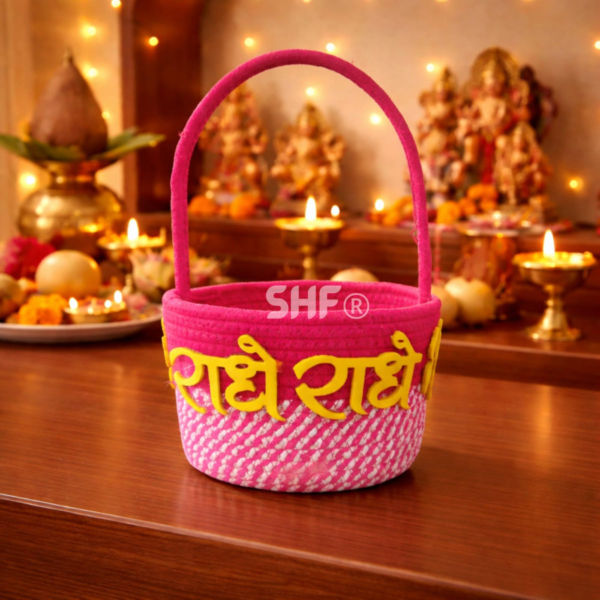 SHF® 8 Inch राधे राधे Pack of 1 Puja Basket for Laddu Gopal, Khatu Shyam, Thakur Ji Puja Thali, Handmade Temple Basket, Home Mandir Decor, Diwali Pooja Accessories, Religious Gift Item, Eco Friendly, 100% Cotton