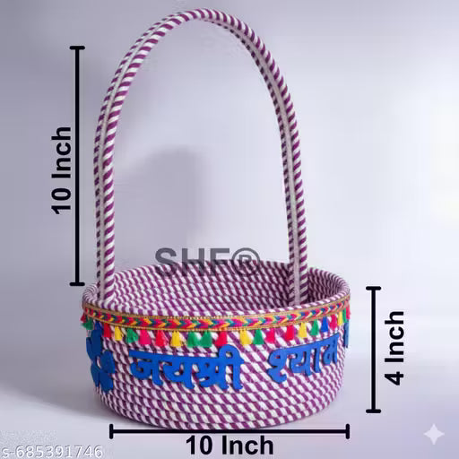 SHF® Laddu Gopal Puja Basket 10 Inch Cotton Rope Handcrafted Mandir Basket for Home Temple | Purple & White