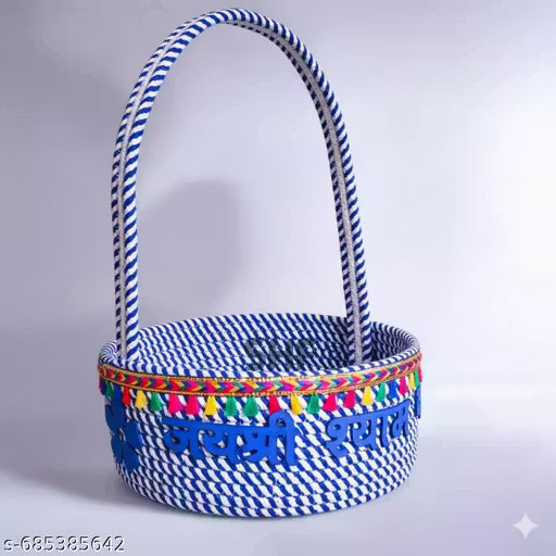 SHF® Laddu Gopal Puja Basket 10 Inch Cotton Rope Handcrafted Mandir Basket for Home Temple |Royal Blue & White
