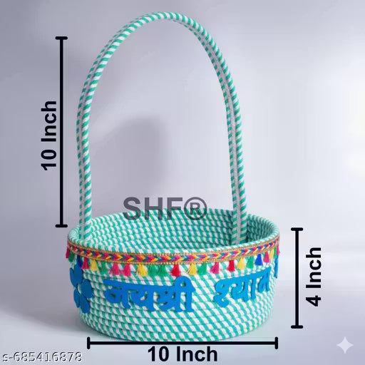 SHF® Laddu Gopal Puja Basket 10 Inch Cotton Rope Handcrafted Mandir Basket for Home Temple | Khatu Shyam Puja Basket | Jai Shri Krishna & Jai Shri Mahakal Decorative Puja Tokri | Religious Gift Basket for Janmashtami, Diwali & Daily Puja Aqua & White